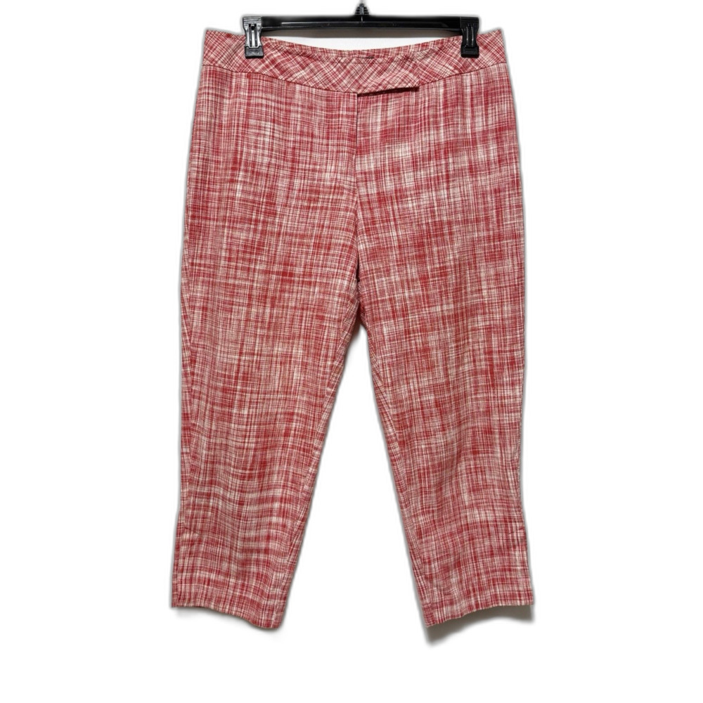 Talbots Red White Plaid Woven Crop Pants Size 14 Side Slit Casual Career
